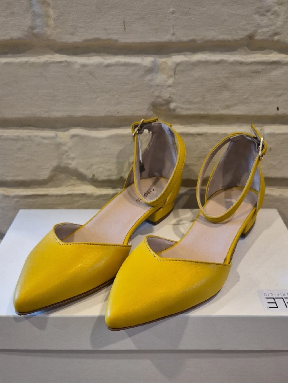 Yellow Pointed-Toe Ankle-Strap Flats. Made In Italy. Leather.
